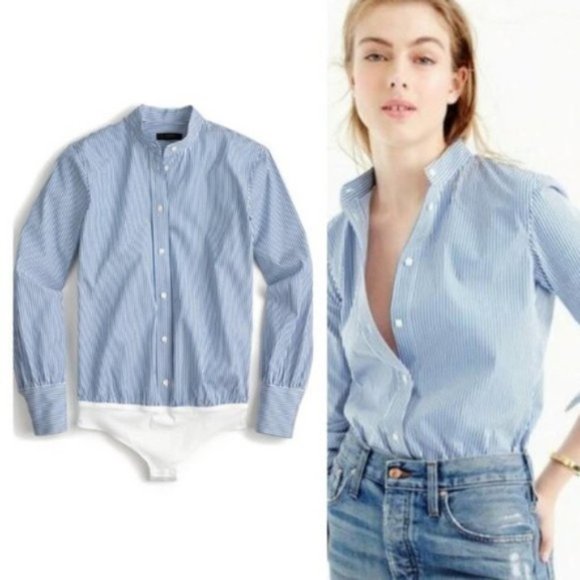 📁 J.Crew Perfect Button Down Shirt Stretch Bodysuit French Blue Stripe - Picture 3 of 10